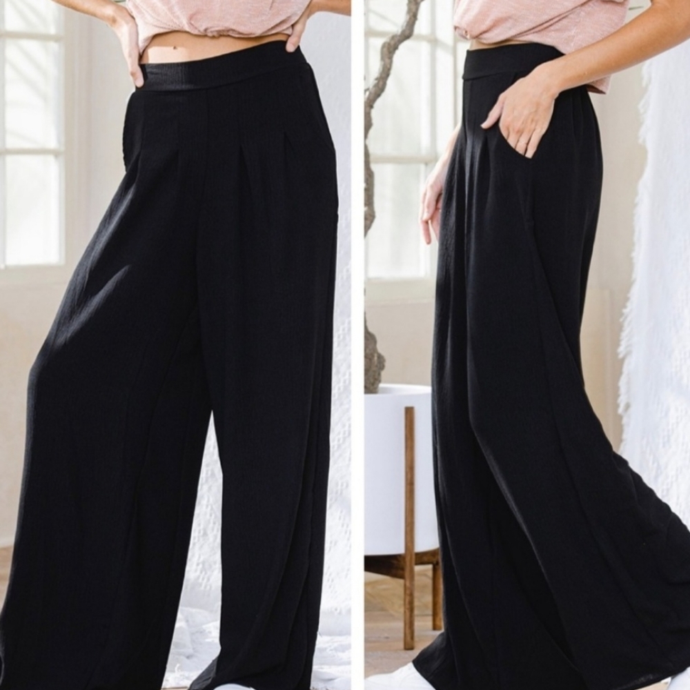 BRAND NEW! Fabulous Black Boho Wide Leg Solid Pleated Pants - Picture 9 of 11